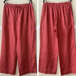 Magaschoni 100% Linen Wide Leg Pull On Pants Elastic Waist Coral Size Large
